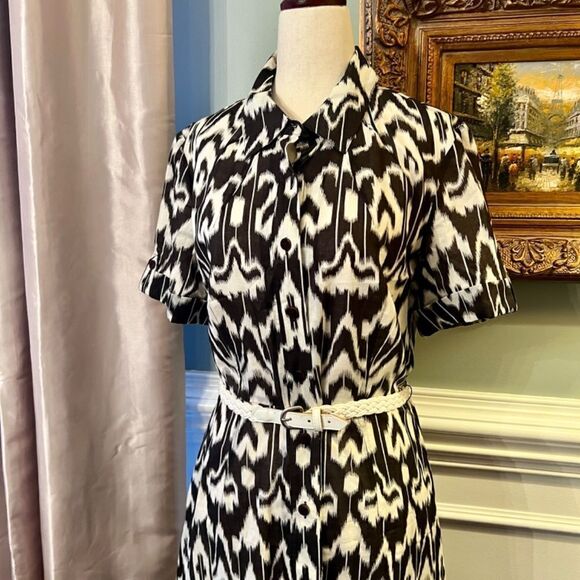 NWOT Talbots Shirt Style Brown White Ikat Print Midi Dress Size 8 - Picture 2 of 2